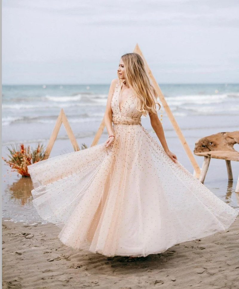 Robe longue du soir Kyoto à perles dorées