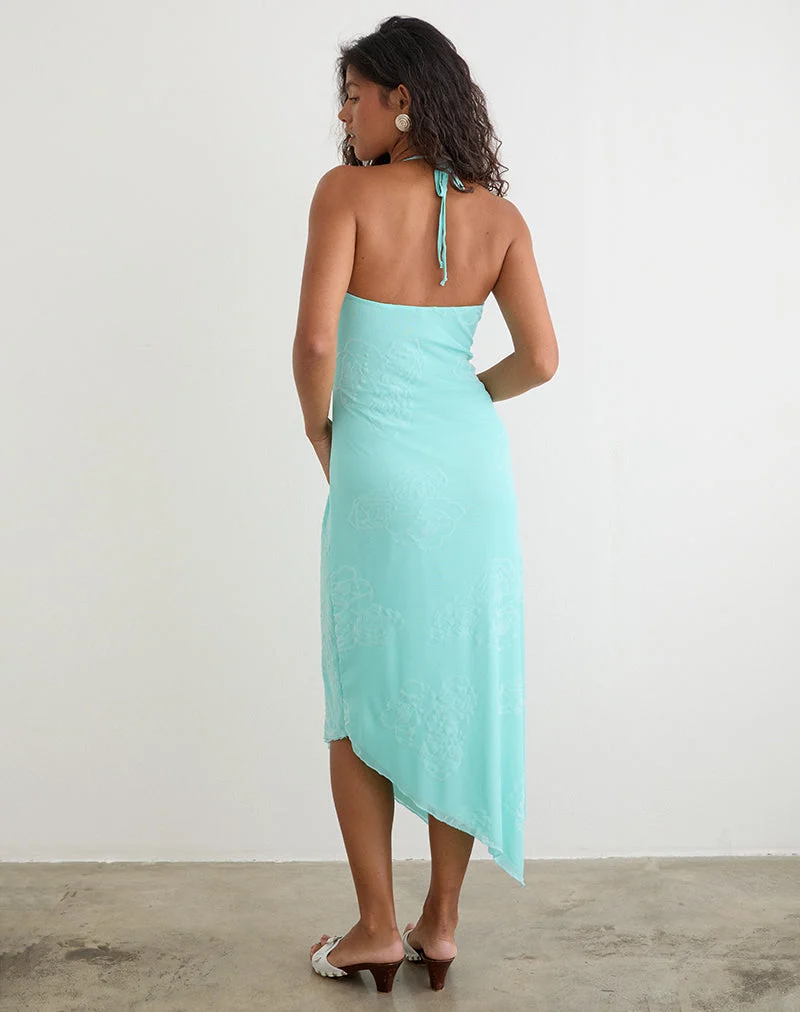 Robe midi Florrie, motif floral « Doodle » bleu floqué
