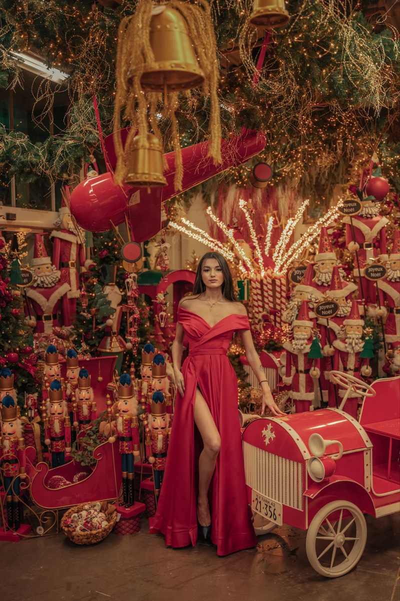 Robe longue du soir Bardot rouge