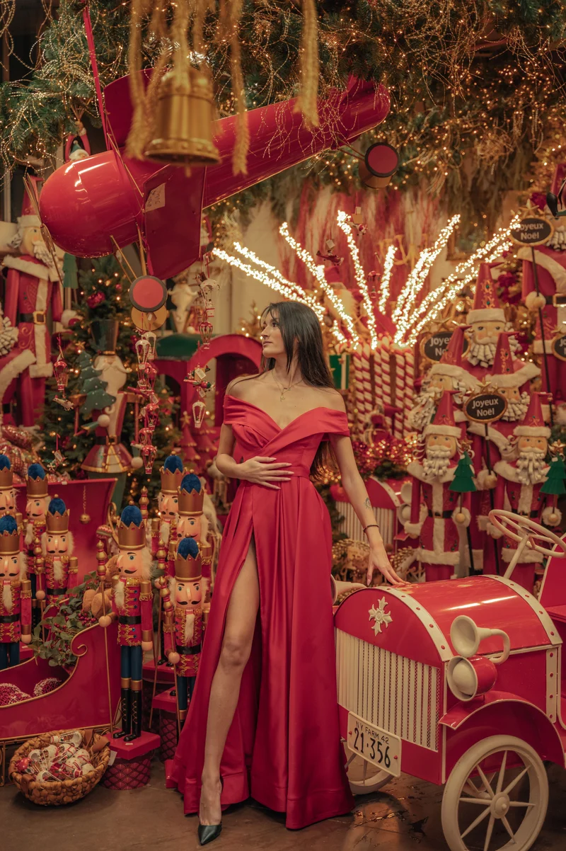 Robe longue du soir Bardot rouge