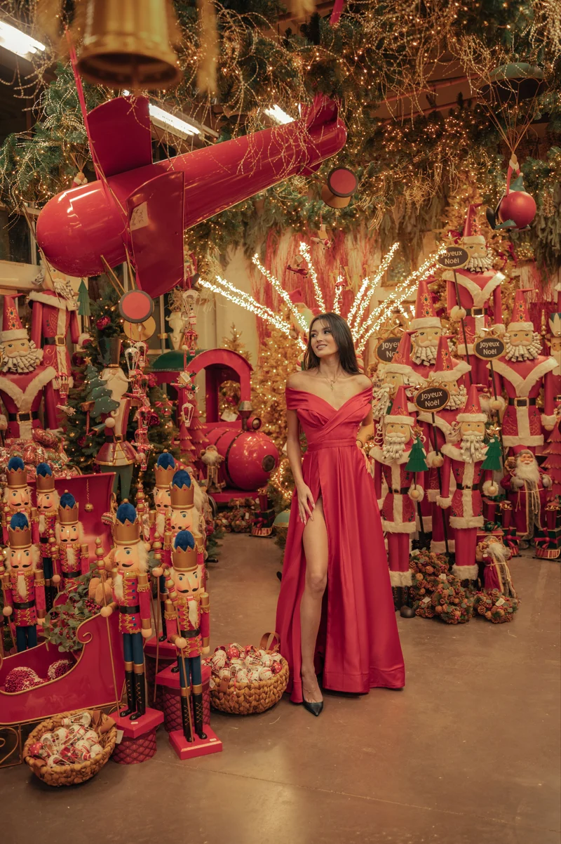 Robe longue du soir Bardot rouge