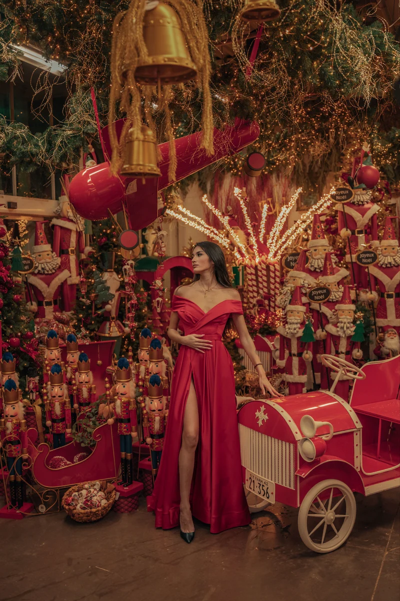 Robe longue du soir Bardot rouge