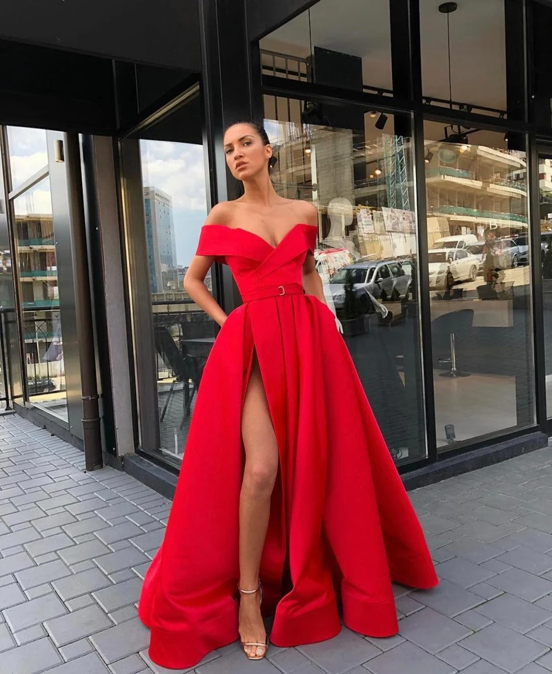 Robe longue du soir Bardot rouge