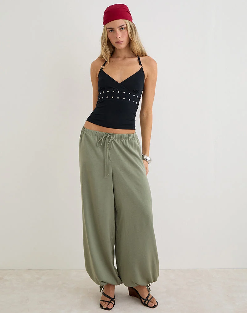 Pantalon bouffant Brizid en satin froissé kaki