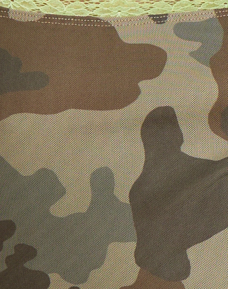 Mini-robe Tuwira en maille vert camouflage avec bordure en dentelle