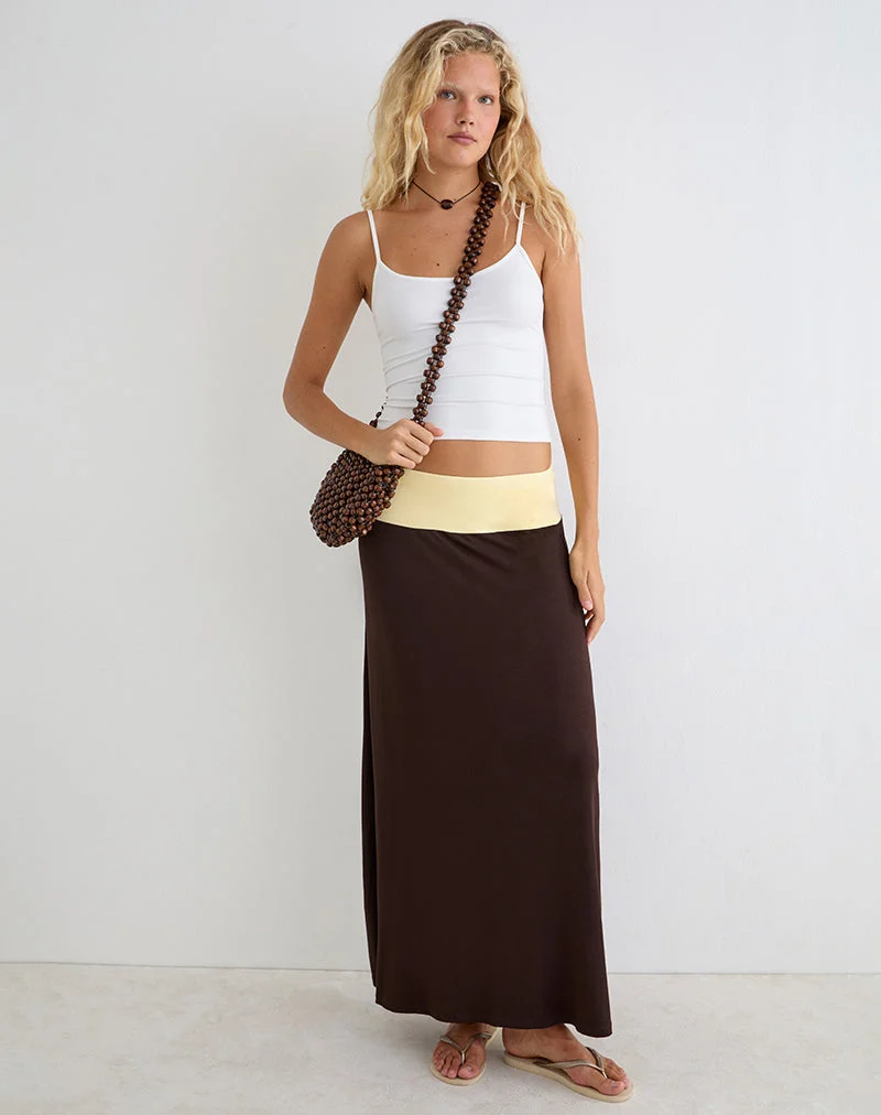 Jupe Olie Maxi en jersey de rayonne, couleur chocolat amer et jaune citron
