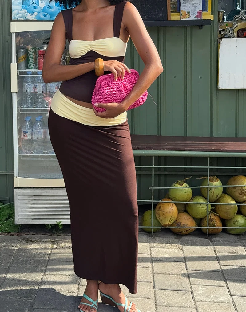 Jupe Olie Maxi en jersey de rayonne, couleur chocolat amer et jaune citron