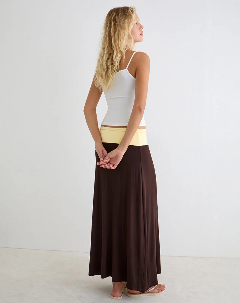 Jupe Olie Maxi en jersey de rayonne, couleur chocolat amer et jaune citron