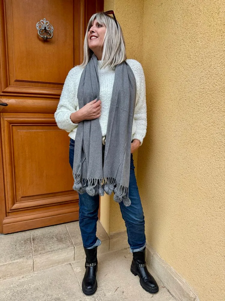 Echarpe unie pompons gris