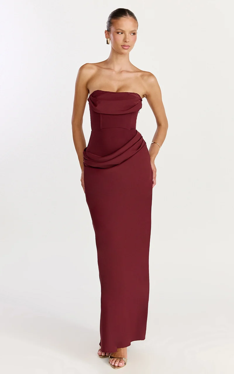 Phoebe Maxi Dress - Strapless Structured Bodice Drape Skirt Dress in Wine