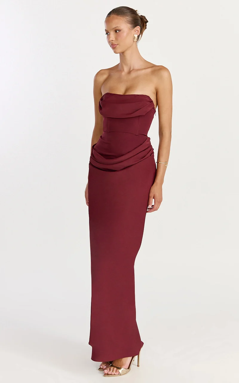 Phoebe Maxi Dress - Strapless Structured Bodice Drape Skirt Dress in Wine