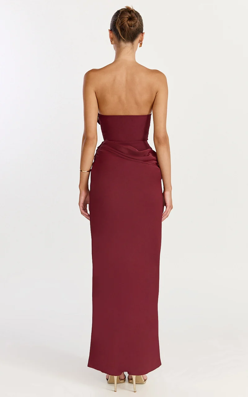 Phoebe Maxi Dress - Strapless Structured Bodice Drape Skirt Dress in Wine