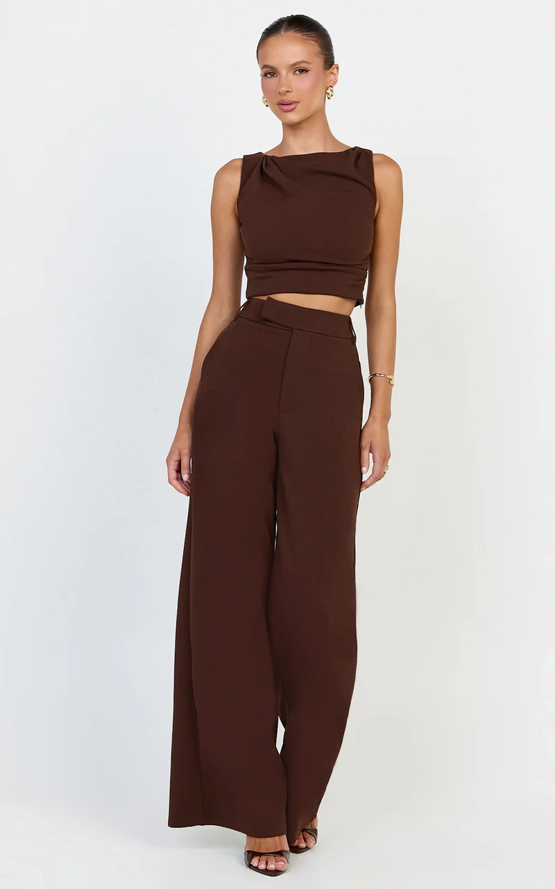 Helen Two Piece Set - Crepe Twisted Top And Wide Leg Pants in Chocolate