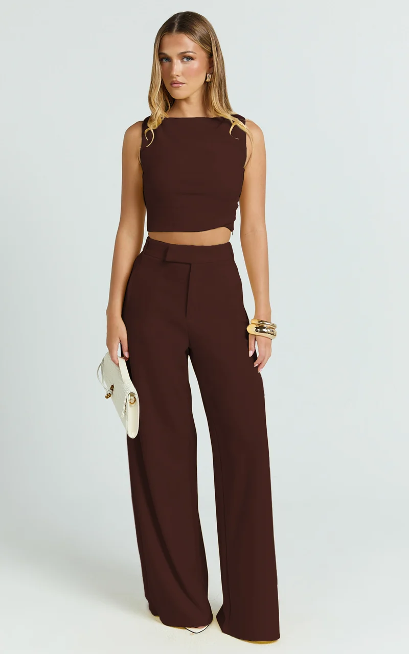 Helen Two Piece Set - Crepe Twisted Top And Wide Leg Pants in Chocolate