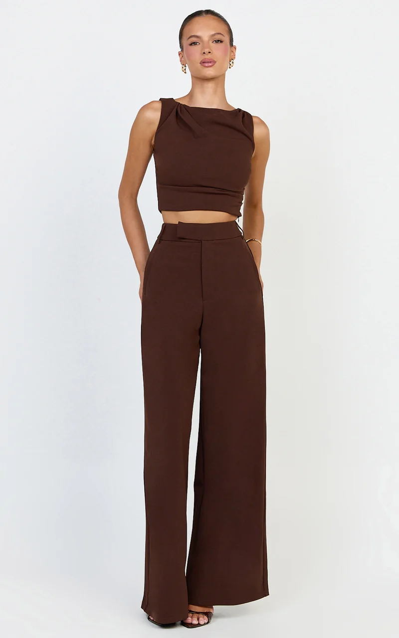 Helen Two Piece Set - Crepe Twisted Top And Wide Leg Pants in Chocolate