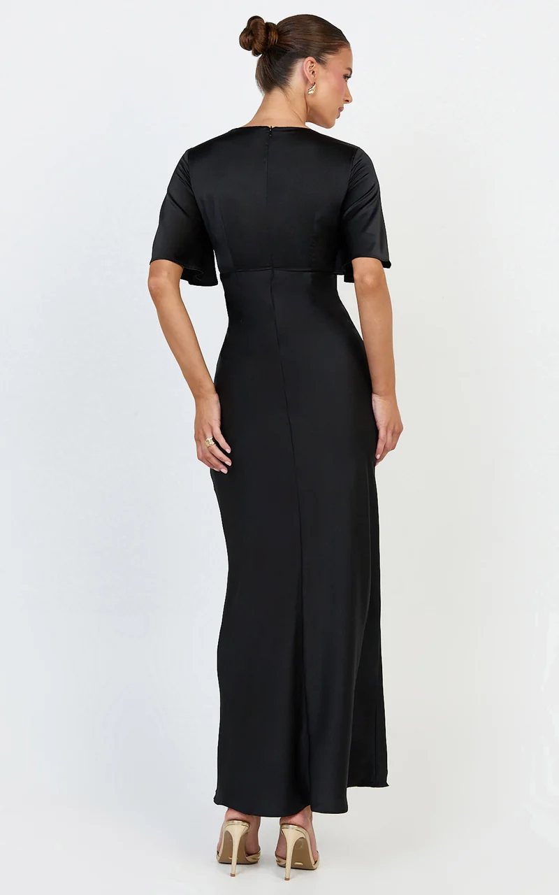 Amelie Maxi Dress - Ruched Front Angel Sleeve Satin Dress in Black