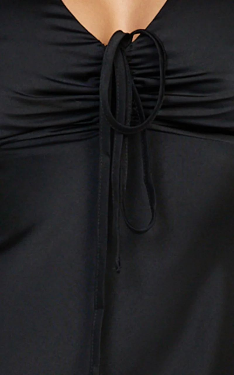 Amelie Maxi Dress - Ruched Front Angel Sleeve Satin Dress in Black