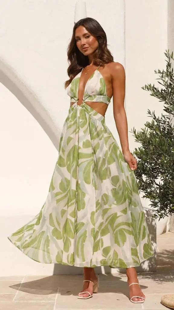 Robe été bohème verte dos nu