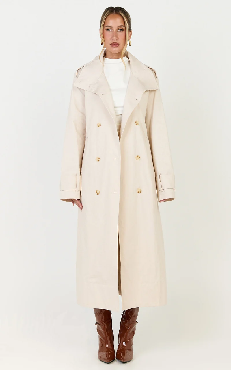 Isla Coat - Funnel Neck Double Breasted Longline Trench Coat in Stone
