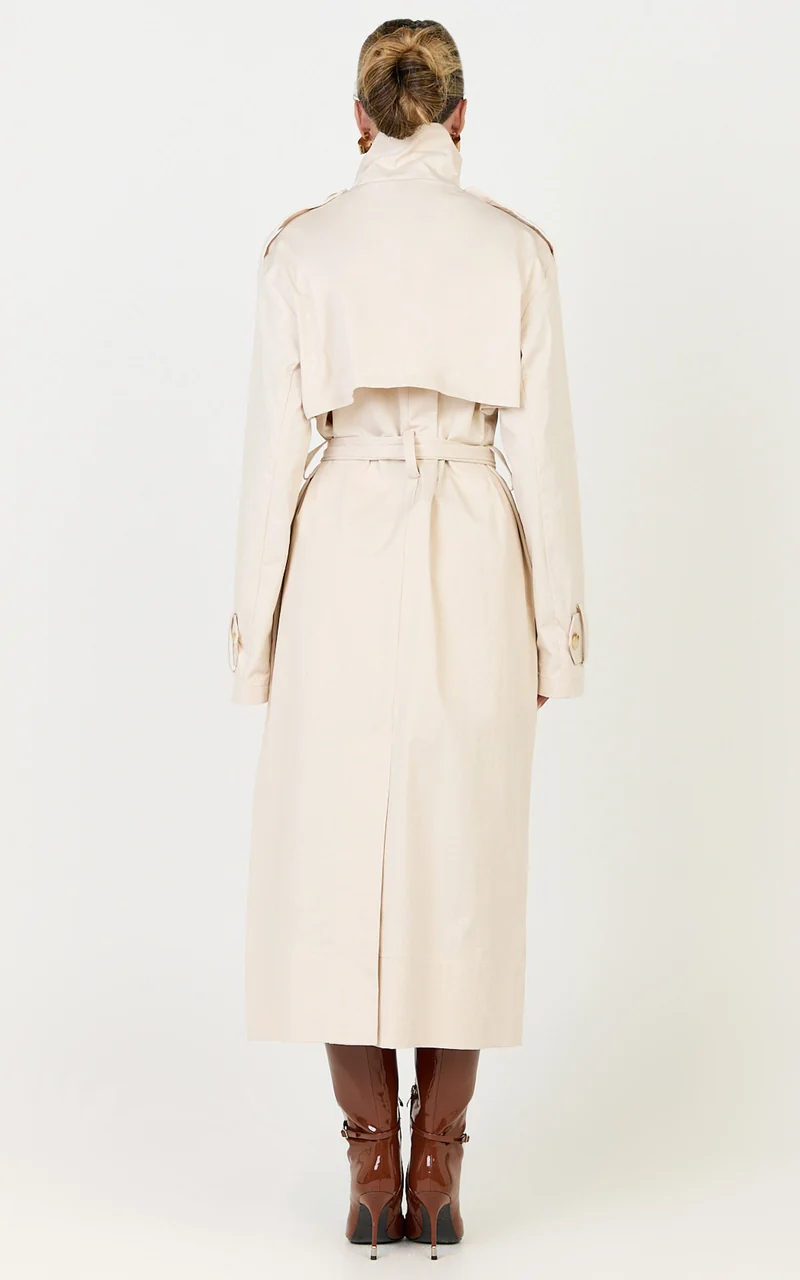 Isla Coat - Funnel Neck Double Breasted Longline Trench Coat in Stone