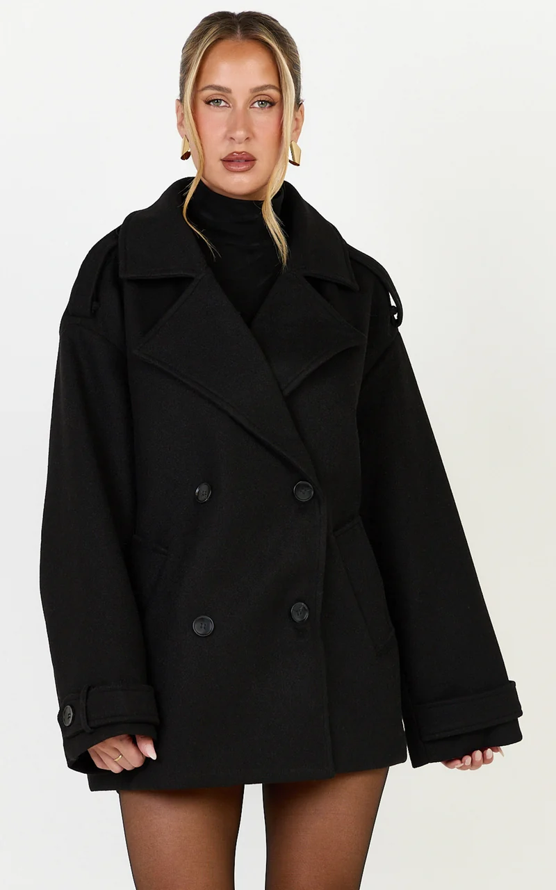 Saskia Coat - Double Breasted Short Wool Like Coat in Black