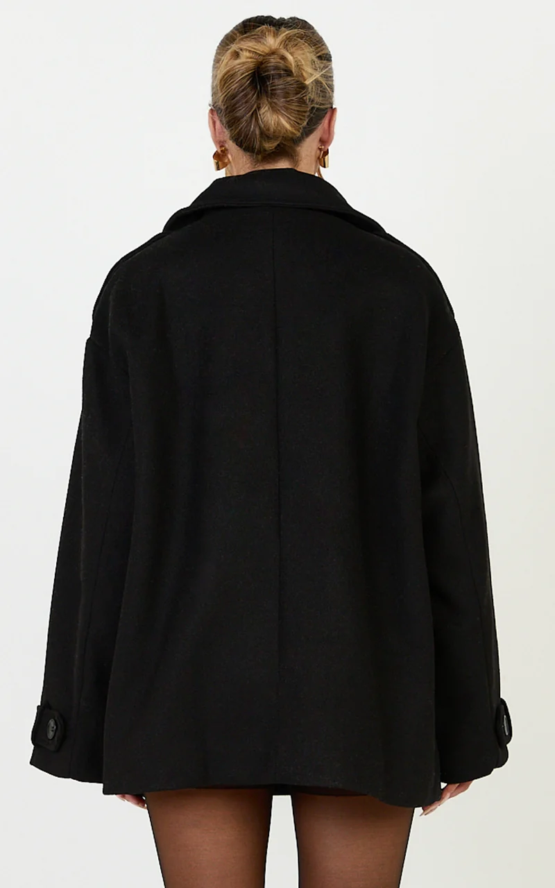 Saskia Coat - Double Breasted Short Wool Like Coat in Black