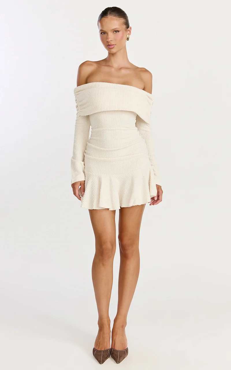 Maeve Mini Dress - Off Shoulder Long Sleeve Fit And Flare Mini Dress in Cream