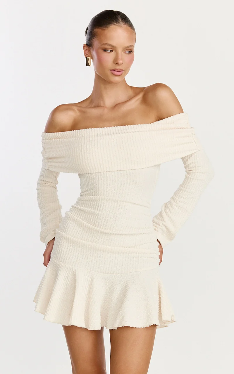 Maeve Mini Dress - Off Shoulder Long Sleeve Fit And Flare Mini Dress in Cream