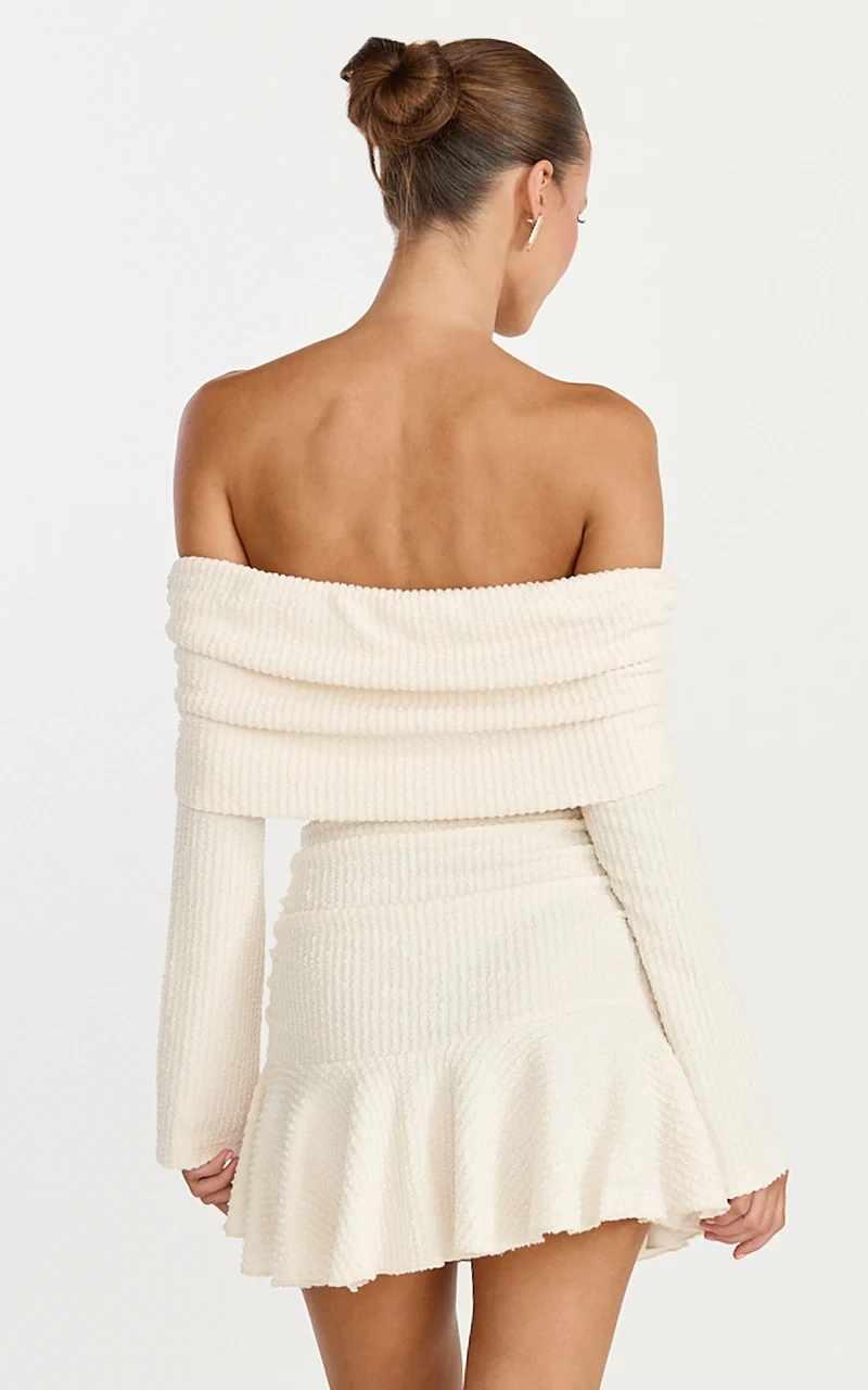Maeve Mini Dress - Off Shoulder Long Sleeve Fit And Flare Mini Dress in Cream