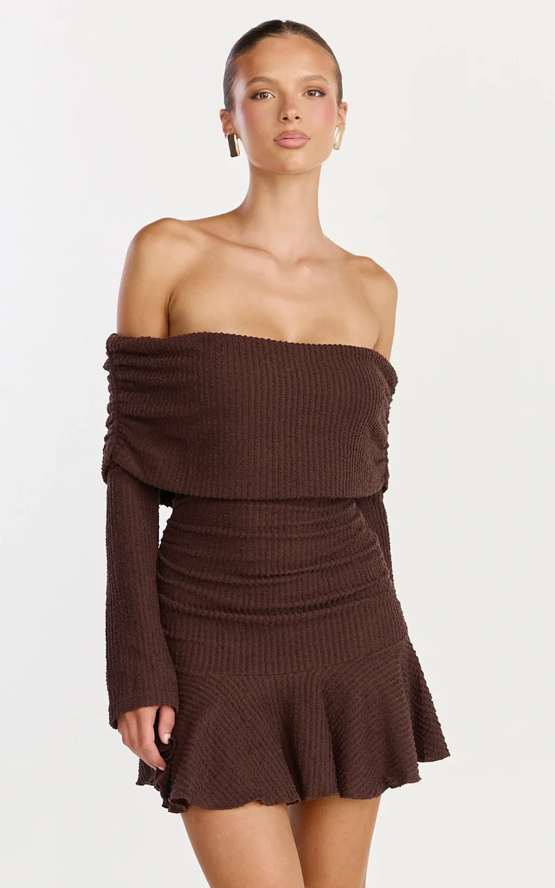 Maeve Mini Dress - Off Shoulder Long Sleeve Fit And Flare Mini Dress in Chocolate