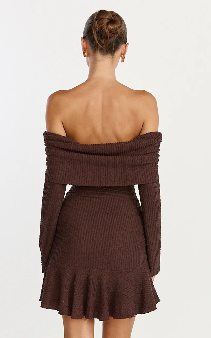 Maeve Mini Dress - Off Shoulder Long Sleeve Fit And Flare Mini Dress in Chocolate