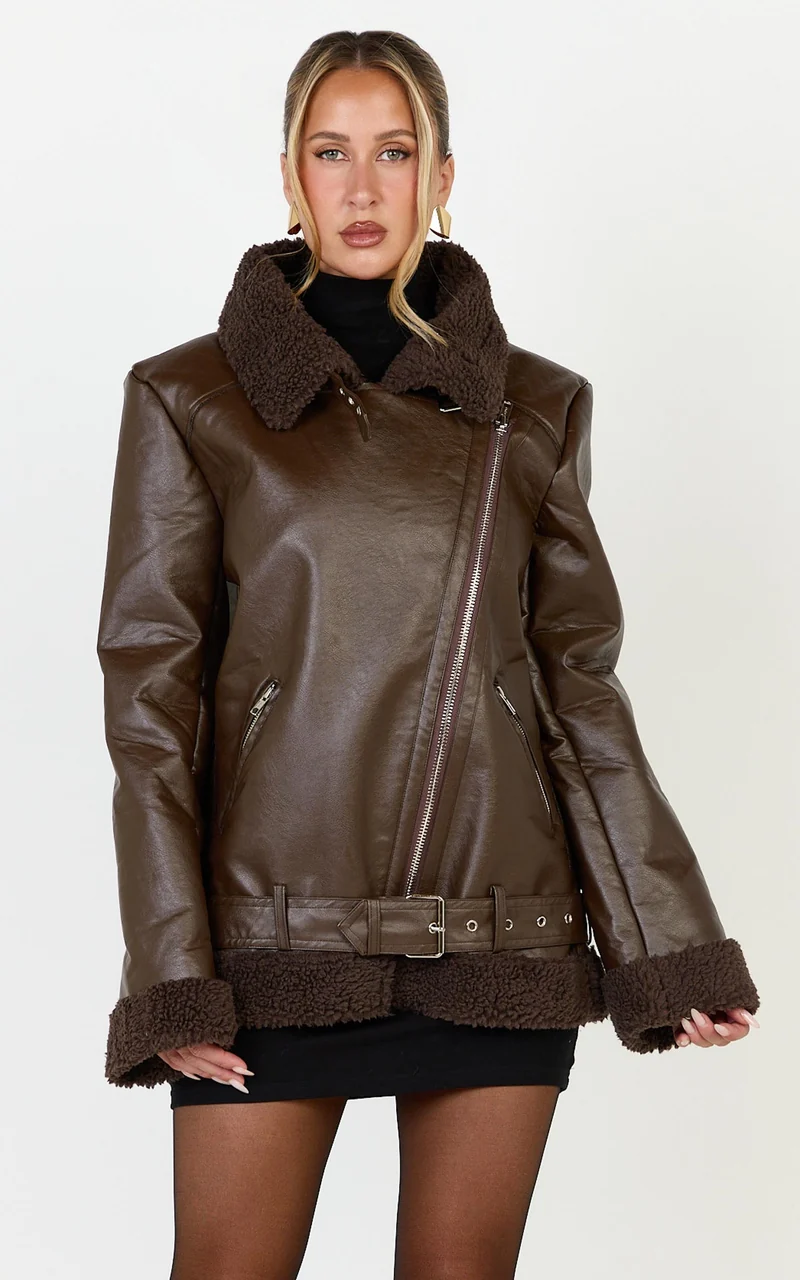 Isolde Jacket - Faux Leather Shearling Biker Jacket in Dark Chocolate