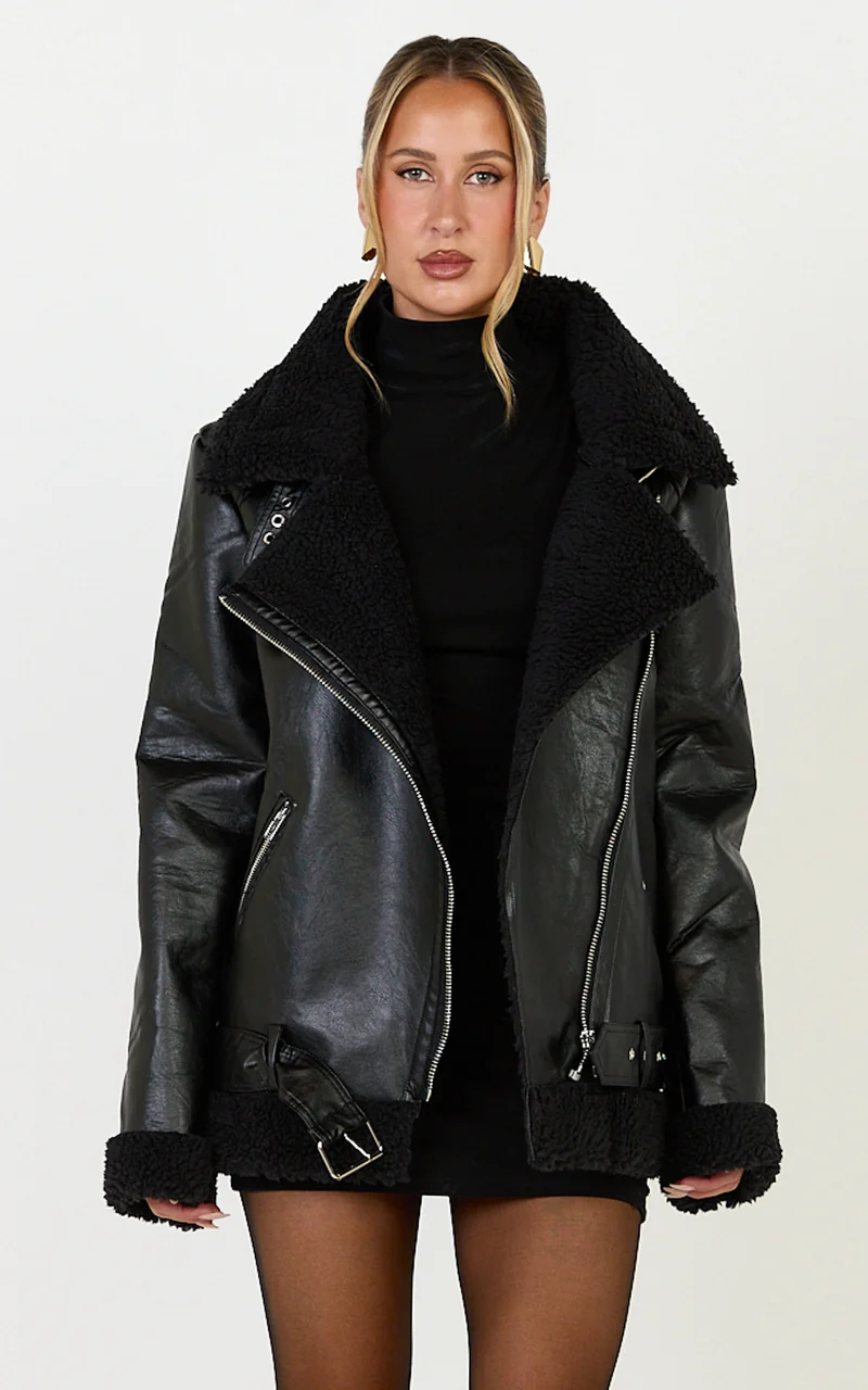 Isolde Jacket - Faux Leather Shearling Biker Jacket in Black Base with Black Borg
