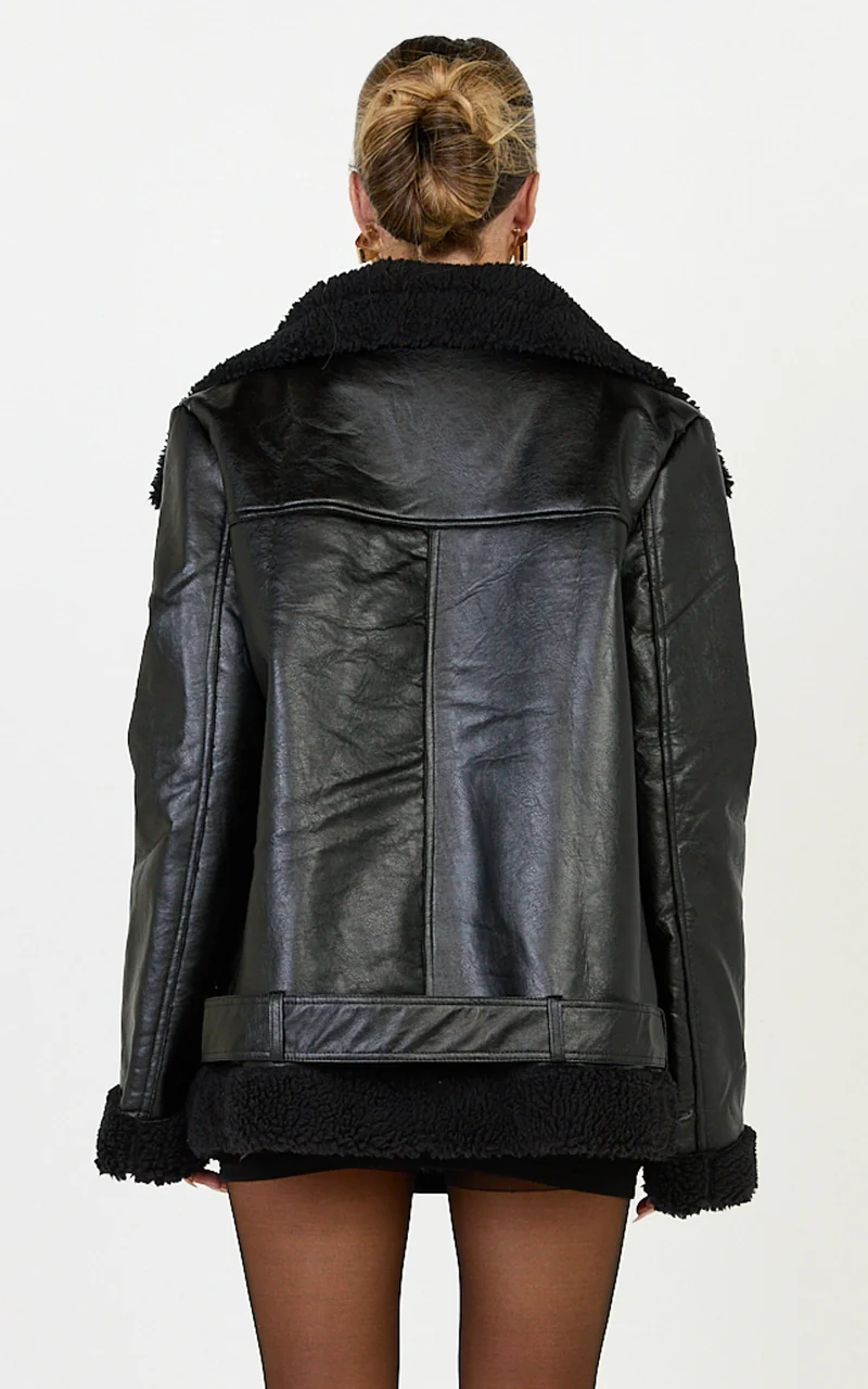 Isolde Jacket - Faux Leather Shearling Biker Jacket in Black Base with Black Borg