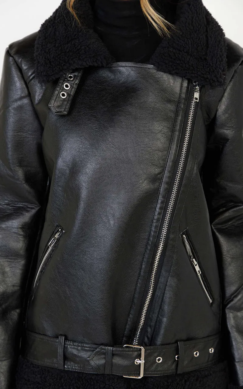 Isolde Jacket - Faux Leather Shearling Biker Jacket in Black Base with Black Borg
