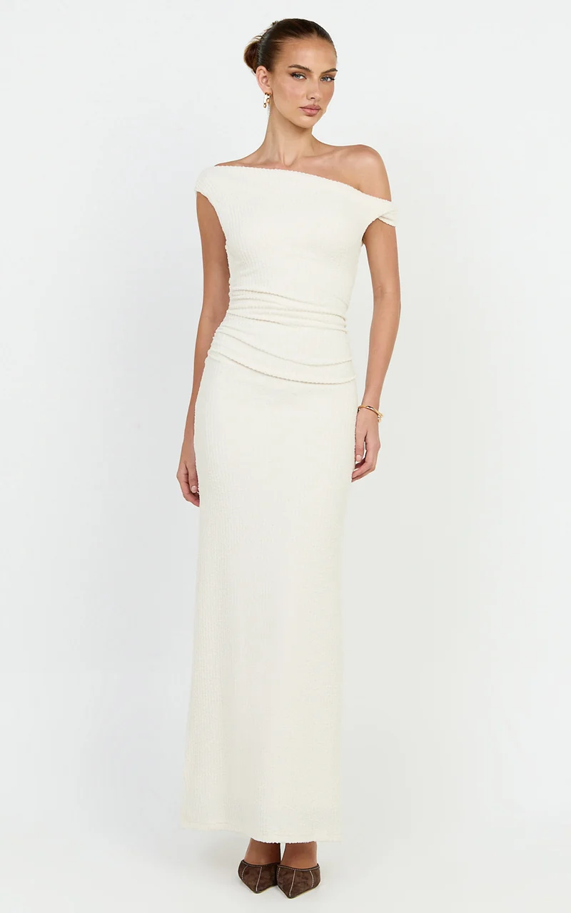 Veda Maxi Dress - Asymmetric One Shoulder Ruched Maxi Dress in Cream