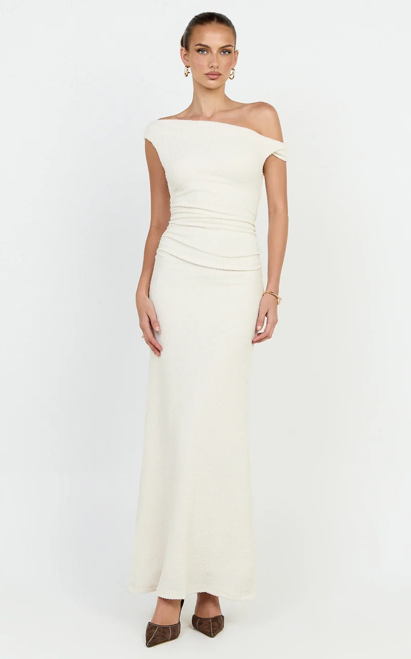 Veda Maxi Dress - Asymmetric One Shoulder Ruched Maxi Dress in Cream