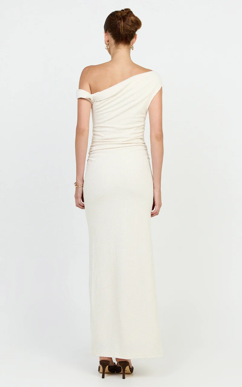 Veda Maxi Dress - Asymmetric One Shoulder Ruched Maxi Dress in Cream
