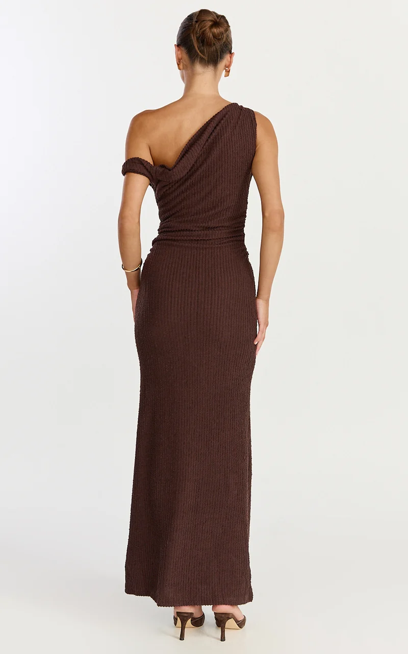 Veda Maxi Dress - Asymmetric One Shoulder Ruched Maxi Dress in Chocolate