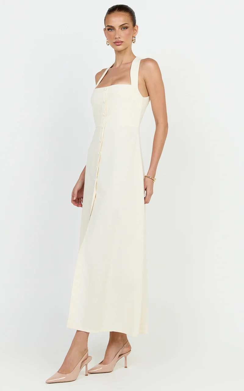 Marla Midi Dress - Square Neck Button Front Shift Dress in Cream