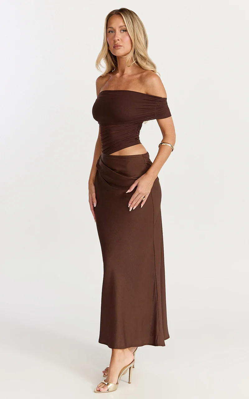 Zuri Midi Dress - Cut Out Draped Shoulder Dress in Chocolate