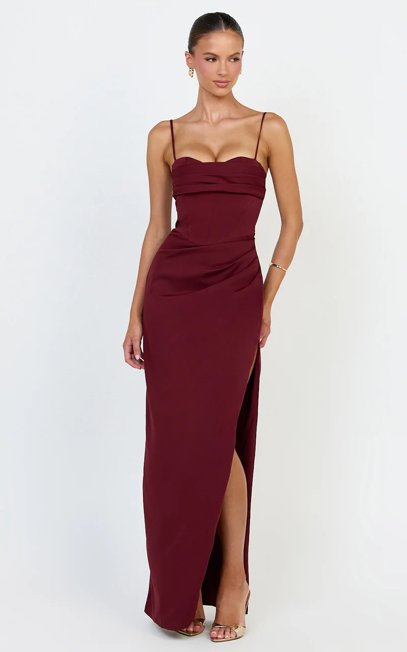 Zinnia Maxi Dress - Gathered Bust Side Split Dress in Wine