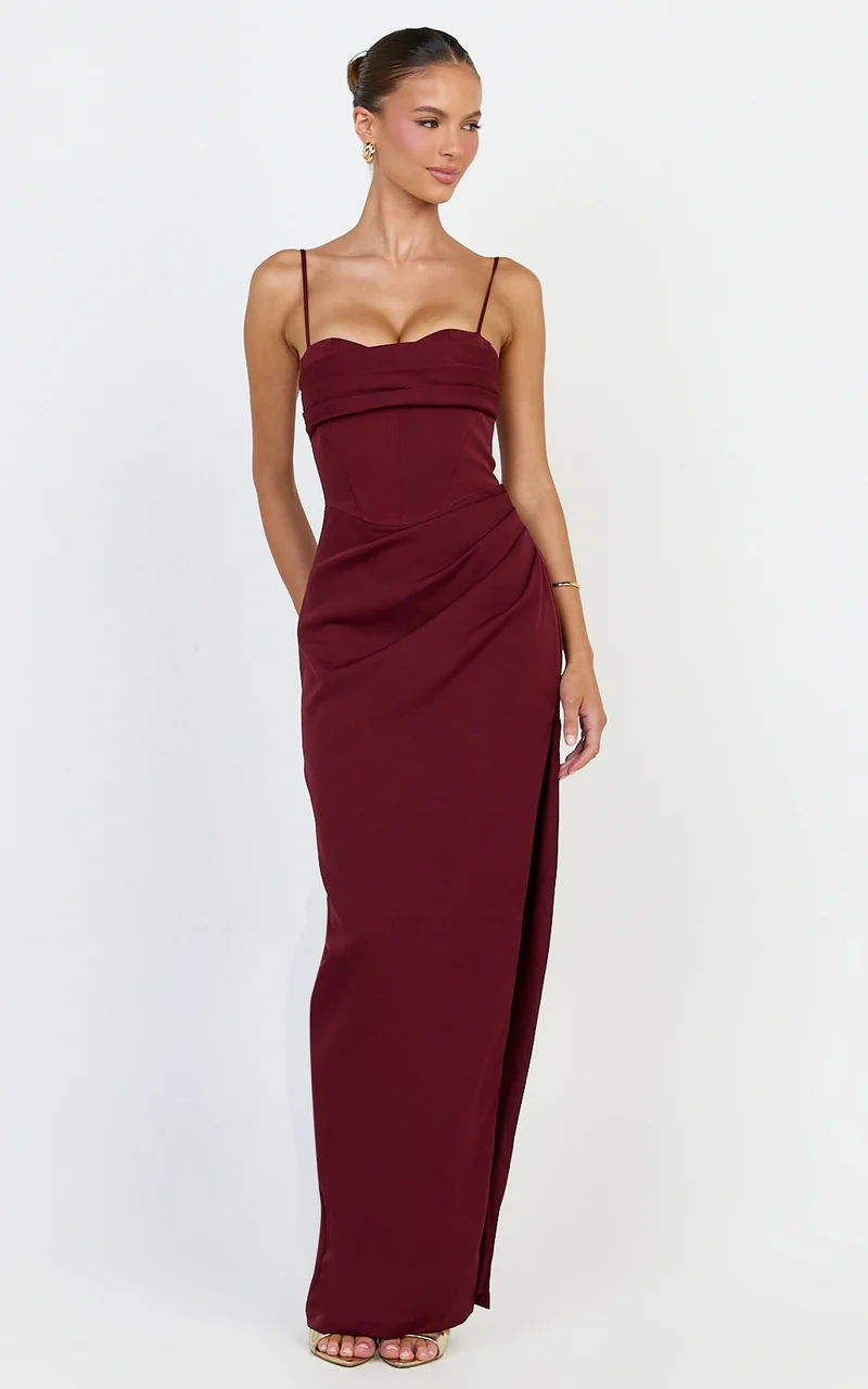 Zinnia Maxi Dress - Gathered Bust Side Split Dress in Wine