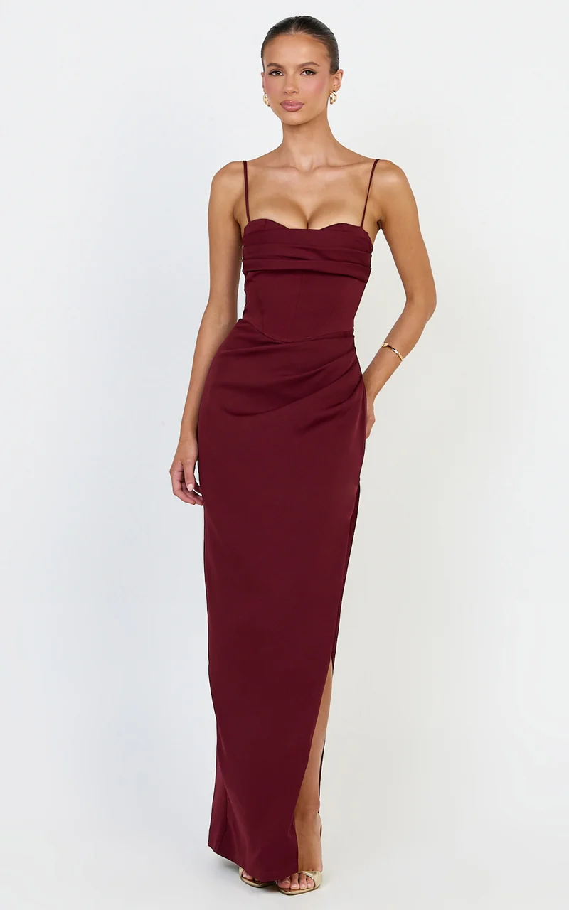 Zinnia Maxi Dress - Gathered Bust Side Split Dress in Wine
