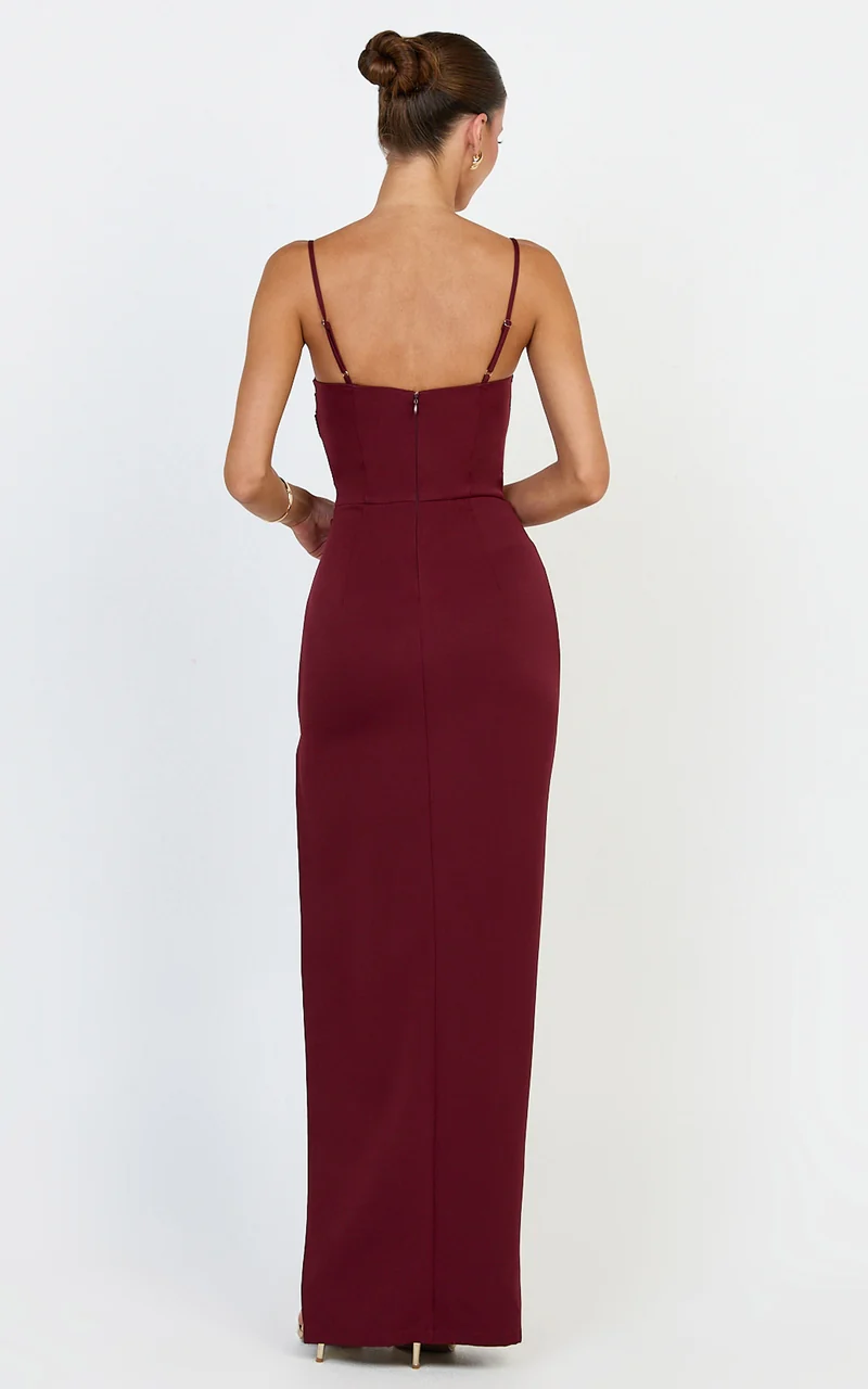 Zinnia Maxi Dress - Gathered Bust Side Split Dress in Wine