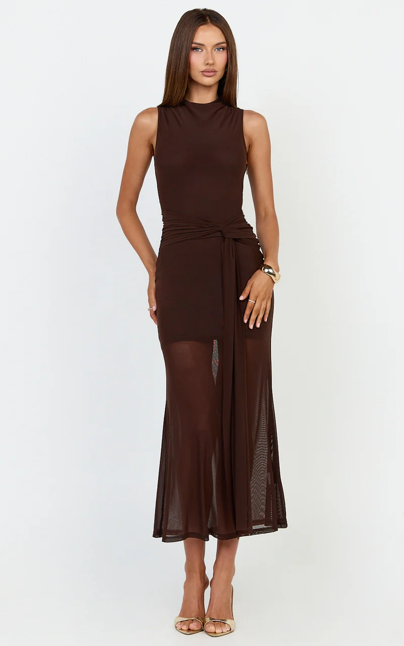 Jaimae Midi Dress - High Neck Side Knot Detail Mesh Dress in Chocolate
