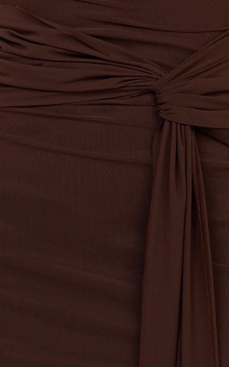 Jaimae Midi Dress - High Neck Side Knot Detail Mesh Dress in Chocolate