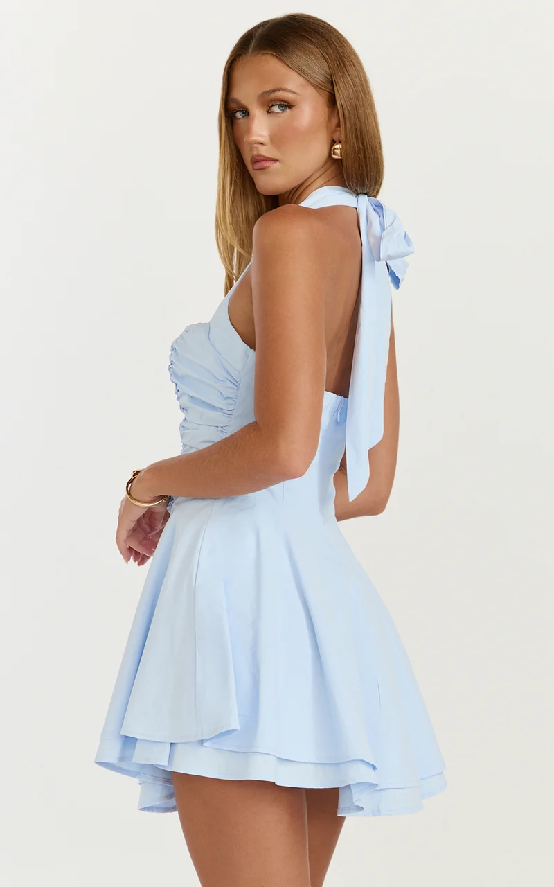Anya Mini Dress - Halter Neck Gathered Top Drop Waist Fit And Flare Dress in Blue
