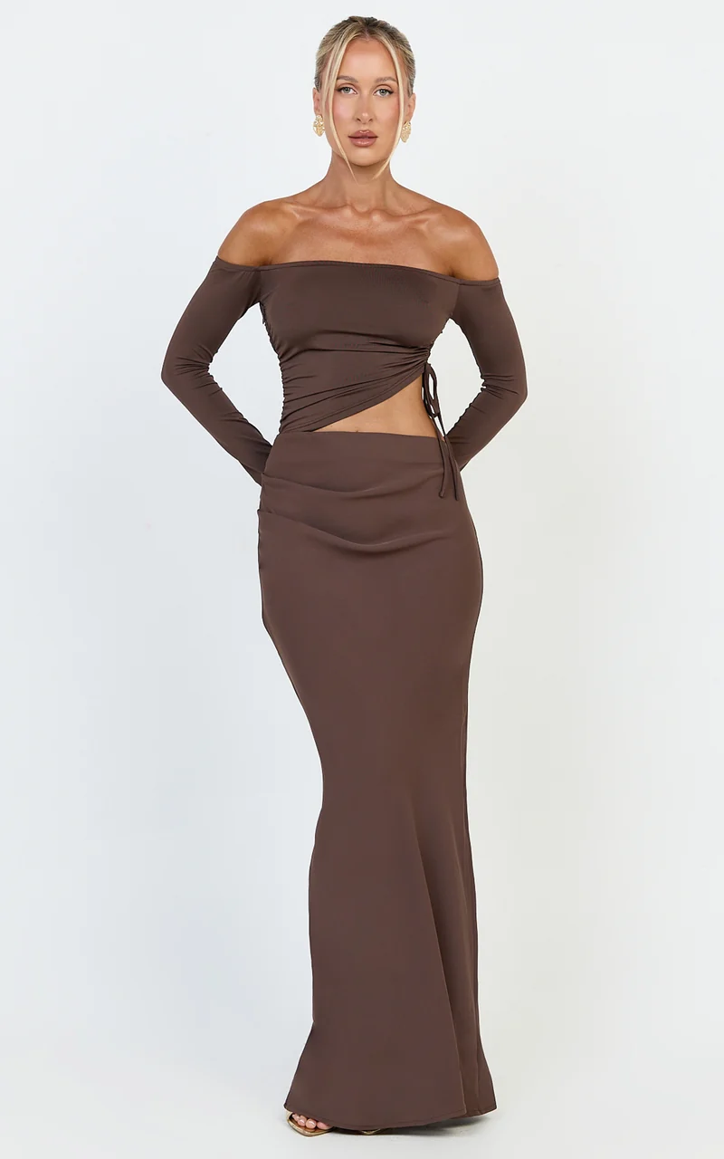 Tallulah Maxi Dress - Off Shoulder Long Sleeve Side Ruched Cut Out Dress in Chocolate