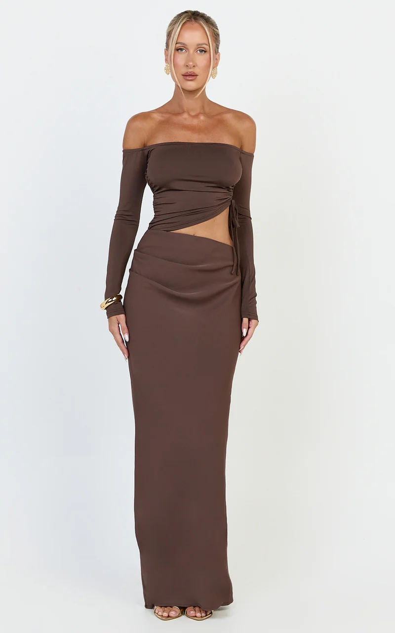 Tallulah Maxi Dress - Off Shoulder Long Sleeve Side Ruched Cut Out Dress in Chocolate